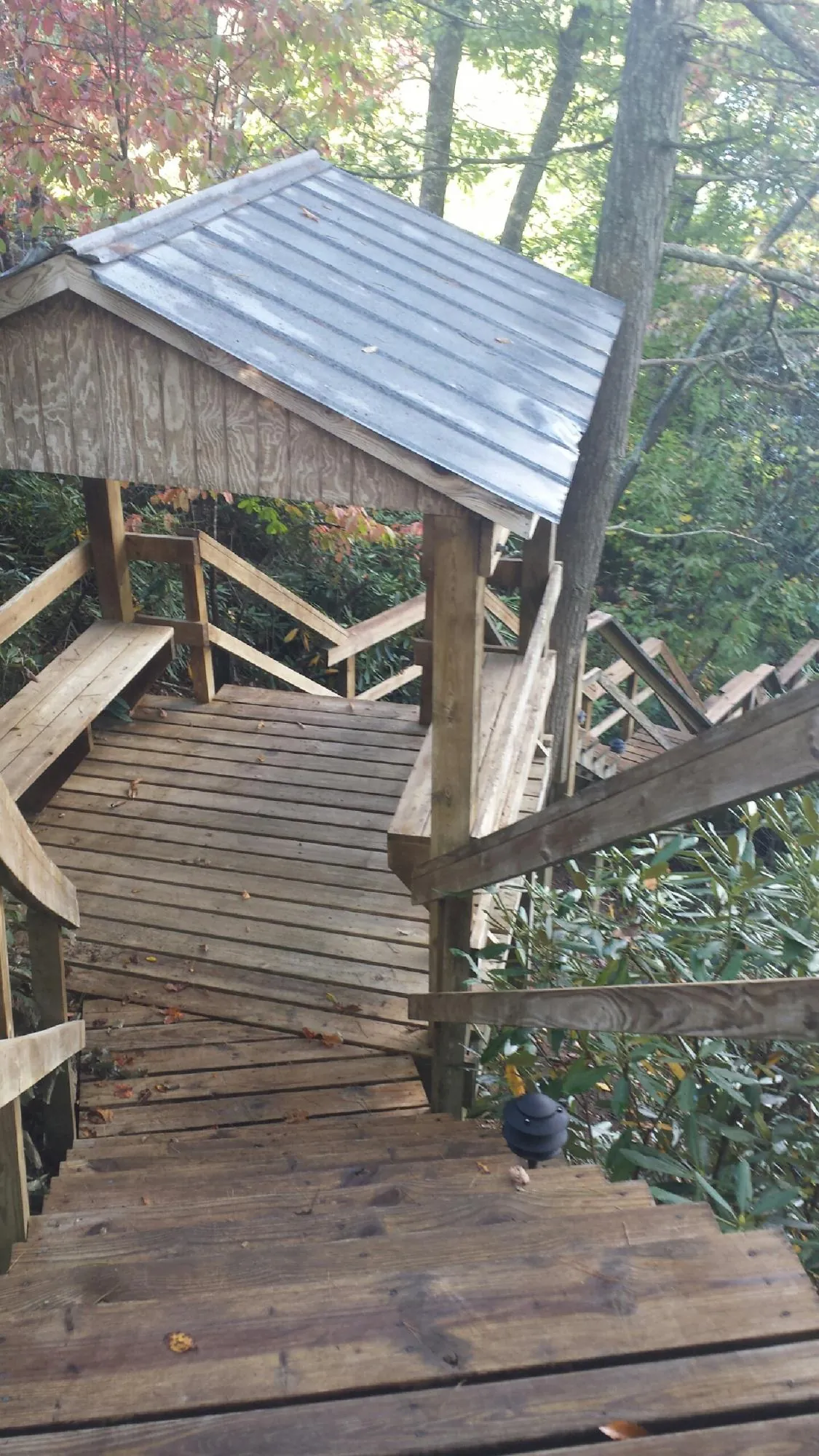 Metal roofed shelter over wooden steps on a wooded walkway — Skylight Repair & Installation work by our crew in Yulee